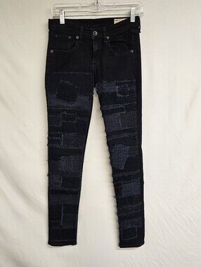 RAG & BONE Skinny Patch & Repair Jeans in Torn Coal(Navy w Black Overdye)Size 25